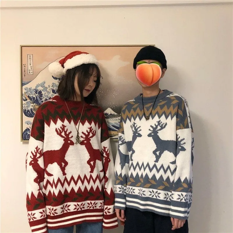 Herrtröjor koreanska kläder vintage tröja koreansk mode vinter jul tröja pullover hjort mönster lösa casual år retro par 230824