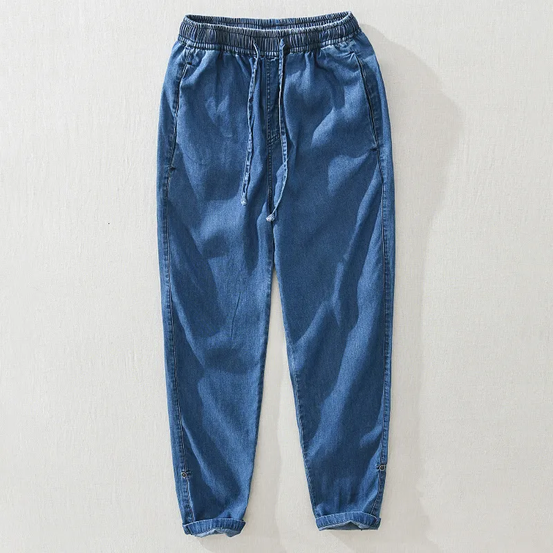 Mäns jeans K602 Bomullslinne Pants Summer Fashion Men Elastic midja Casual Loose Denim Trousers Solid Color Simple Cientile Straight 230825