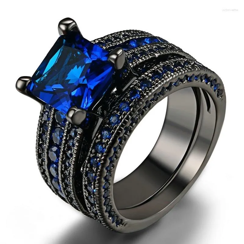Anillos de racimo 2 unids / set Conjunto de anillos de mujer negro Moda Azul Cubic Zircon Rhinestone para la banda de boda Joyería de aniversario al por mayor