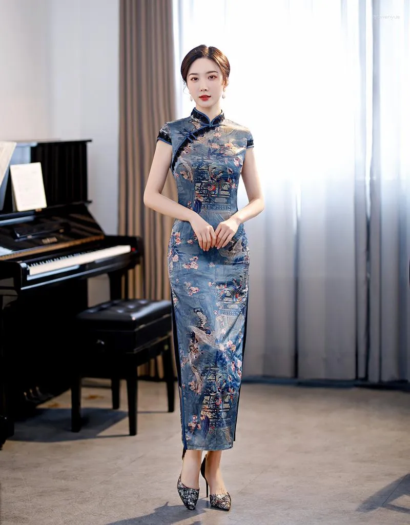 Roupas étnicas 2023 Primavera Mulheres Imprimir Personagem Lace Trim Cheongsam Elegante Slim Cetim Vestidos Chineses Longo Sexy Hight Split Qipao Vestido