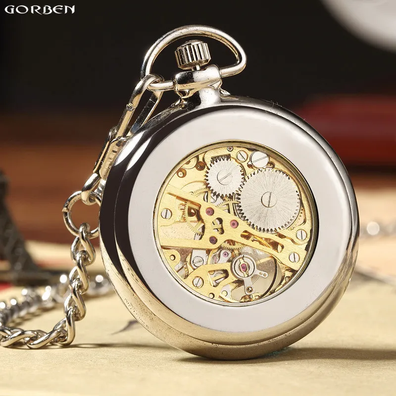 Pocket Watches Luxury Silver Skeleton Mechacnical Mens Pocket Watch with Fob Chain Smooth Steel Metal Clock Hand Winding Doctor Pendant Watches 230825