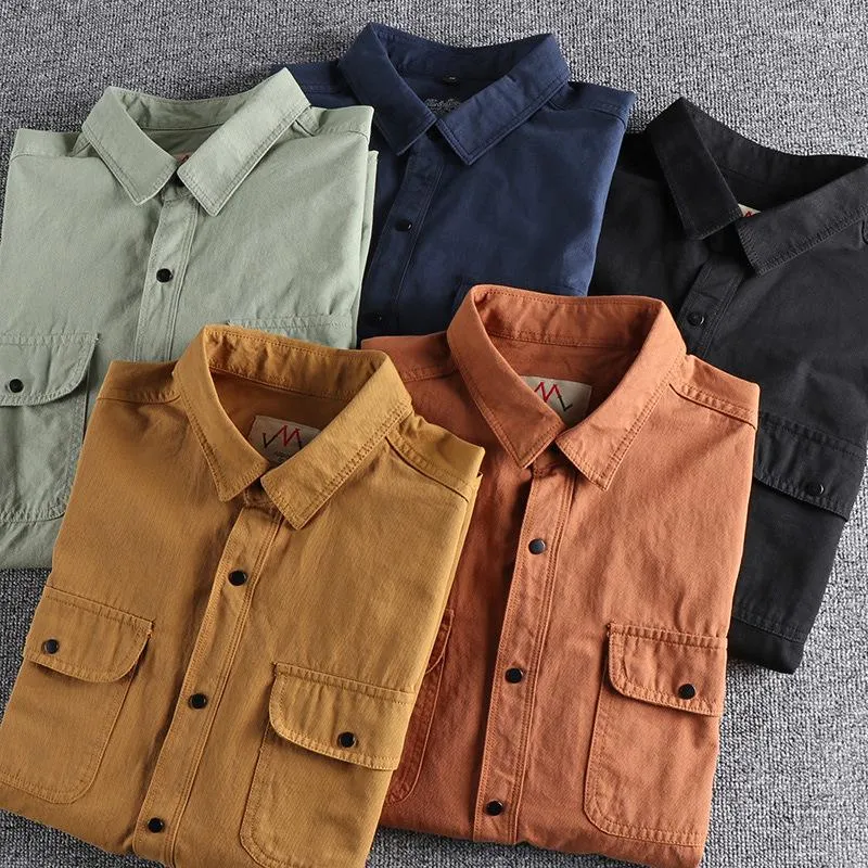 Männer Casual Hemden 2023 Herren Vintage Fracht Herbst Einfache Trend Brusttaschen Frühling Leinwand Baumwolle Gewaschen Langarm Militär