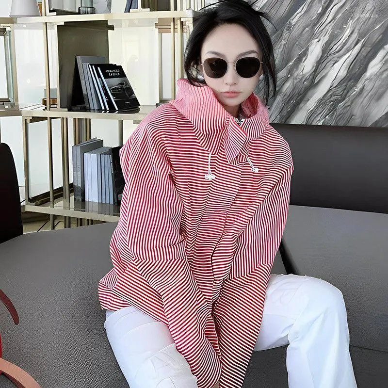 Women's Jackets SuperAen High-end Red Stripe Hooded Casual Jacket Autumn Pink Office Lady Coat