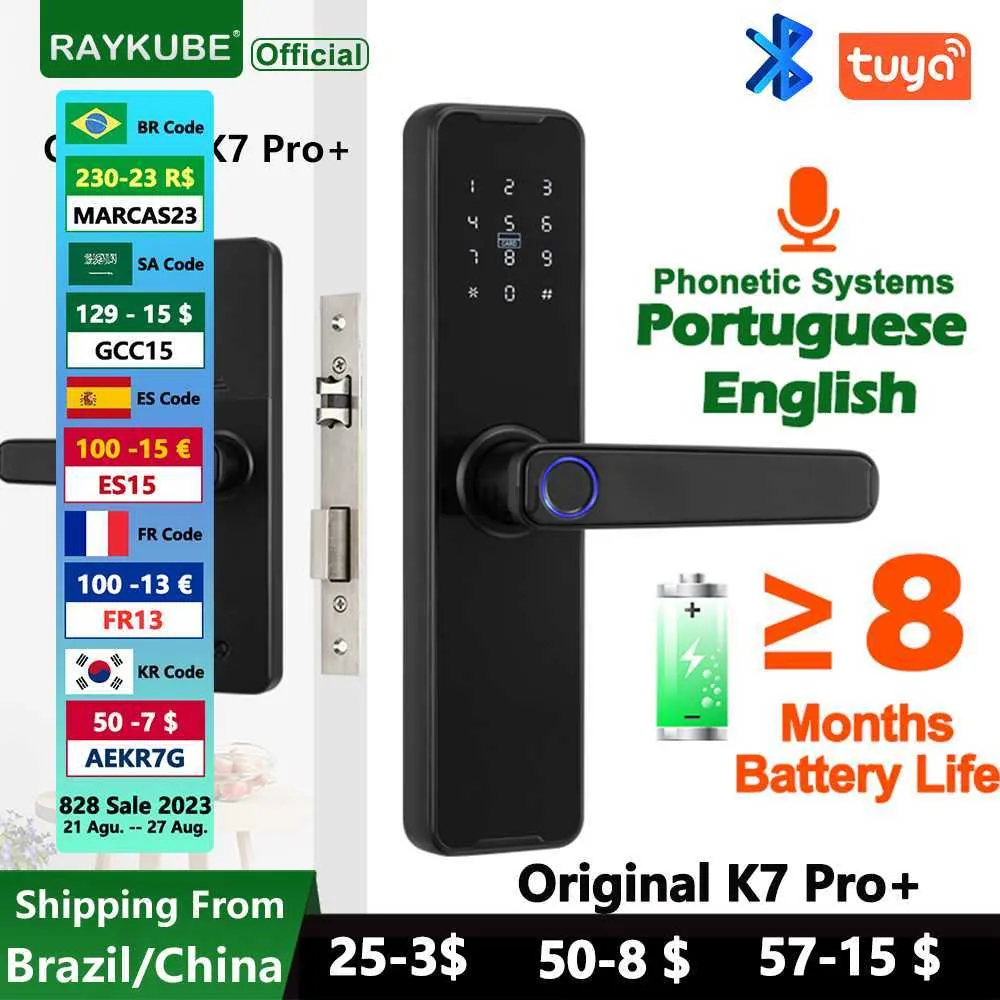 RAYKUBE serrure de porte biométrique à empreintes digitales K7 Pro + noir serrure intelligente Tuya App déverrouillage à distance serrure sans clé serrure de porte électronique HKD230824