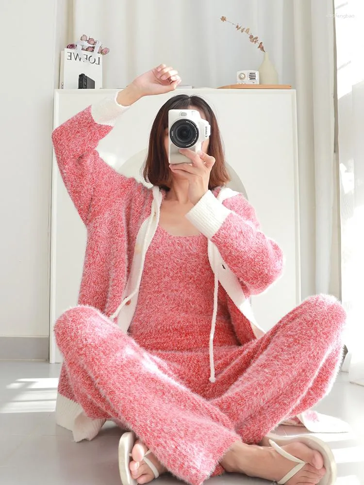 Women's Sleepwear Pajamas Winter Hooded Thick Flannel Pink Three-piece Set Velvet Nightwear Warm Kawaii Home Clothes