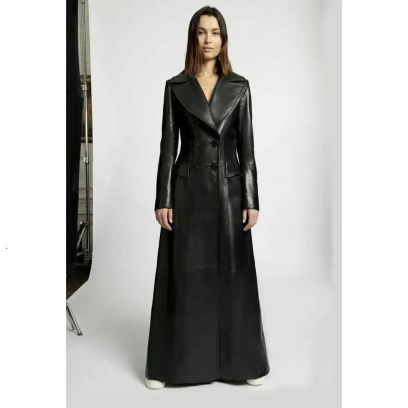 Dames trenchcoats Dames leren windjack Puur zwart Echte schapenvacht Mode lange jas Europese en Amerikaanse modetrend 230824