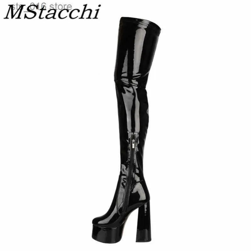 MSTACCHI 허벅지 여성 GLISTEN Patent Leather Platform Sexy Solice Heels 신발 신발 여성 High Boots T230824 09CD9 's