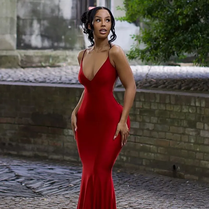 low cut red dress Urban Outfitters Bardot Cyrel Cutout Asymmetric Halter Maxi Dress in Fire Red