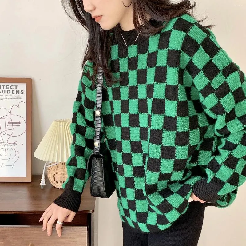 Maglioni da donna Vintage Verde Nero Plaid Maglione lavorato a maglia Donna O-Collo Pullover oversize allentato Top femminili Coreano Harajuku Maglioni casual