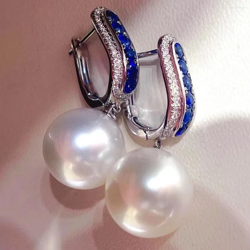 ダングルイヤリングエレガント10-11mm南海丸い白い真珠のイヤリング