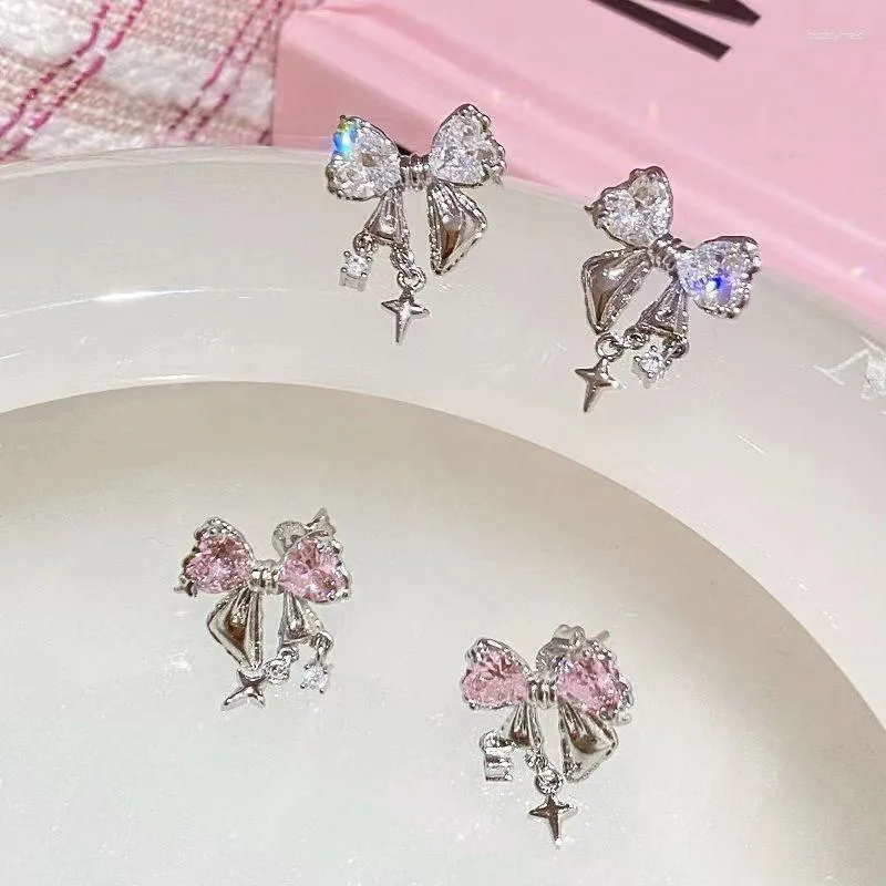 Brincos pendurados coreano kawaii rosa laço zircão strass jóias para mulheres menina festa de casamento presente 2023 acessórios da moda