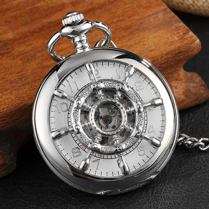 Pocket Watches Vintage Roman Number Rudder Design Mechanical Pocket Watch Men Unique Double Sided Steampunk Bronze Pocket Watch With Chain Gift 230825