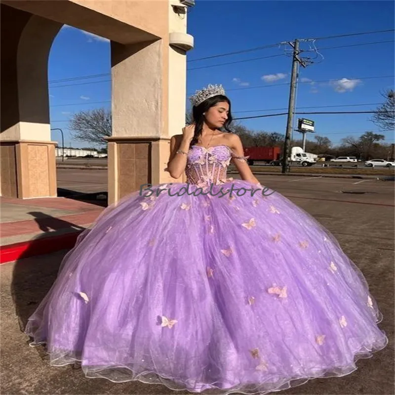 Lindo charro lilás quinceanera vestidos 2023 com borboleta luxo frisado princesa doce 15 vestido de festa de aniversário elegante baile mexicano para xv anos vestidos formais