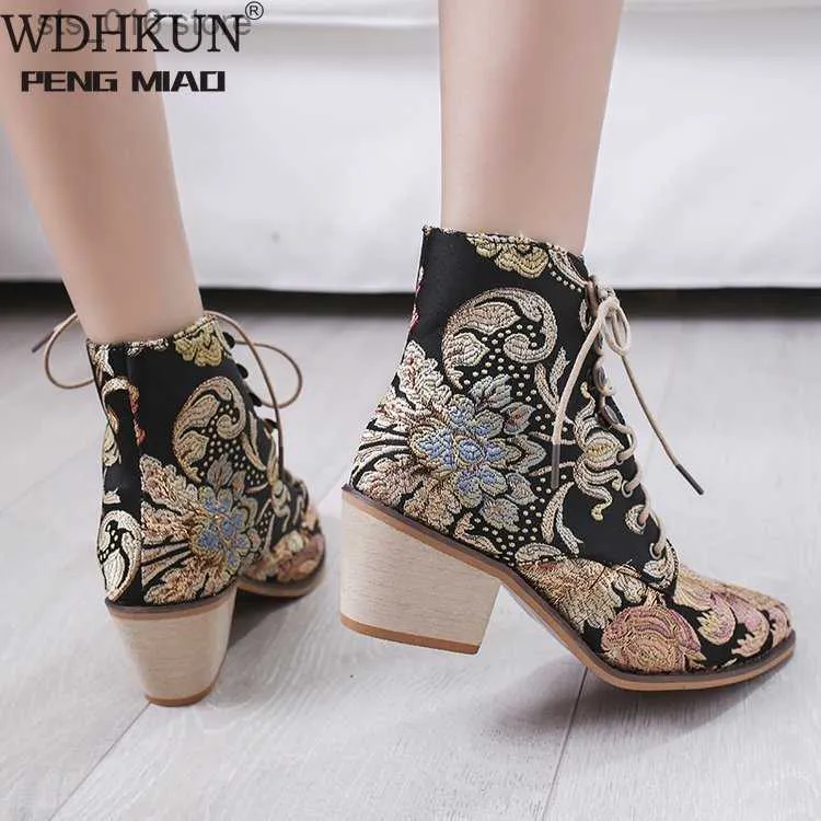 Bohemian Printed Ankle Vintage Motorcycle Women Booties Retro Ladies Shoes Woman 2021New Embroider High Heels Boots T230824 198