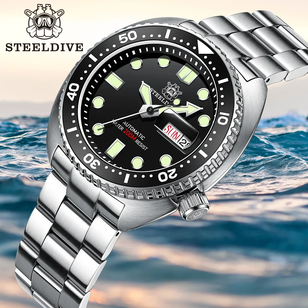 Wristwatches STEELDIVE SD1972 Black Dial Week Display Arrival 45MM Steel Case NH36 Automatic Movement Ceramic Bezel Mens Sport Dive Watch 230824