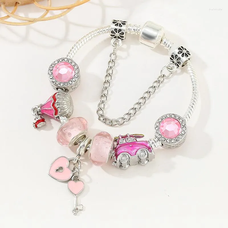 Bedelarmbanden roze "Travel Balloon Car Loves Your Heart" Panjia DIY sieraden armband Lucky Wealth Love Gift