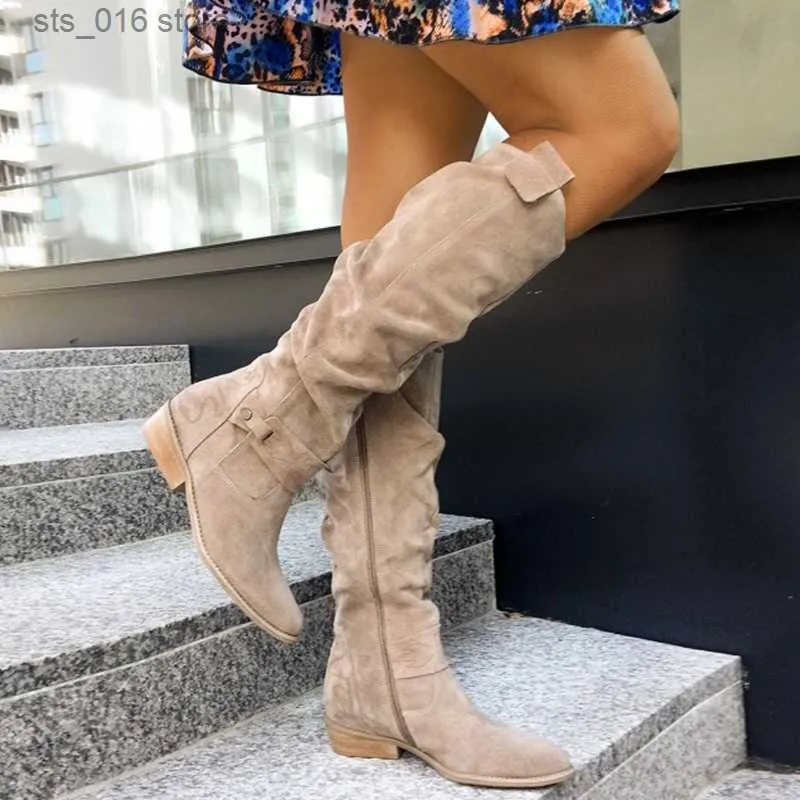 Stiefel 2022 Neue Mode Niedrigen Absatz Seitlichem Reißverschluss Größe 43 Wildleder Oberschenkel Hohe Damenstiefel Retro Frau Booties Herbst Winter Kniehohe Stiefel T230824