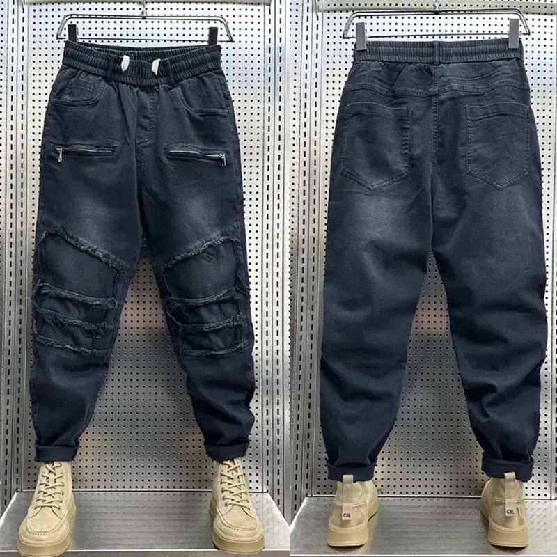Heren jeans stapels hiphop jeans unieke zwarte stretch cowboybroek in lente herfst harembroek luxe merk streetwear 230825