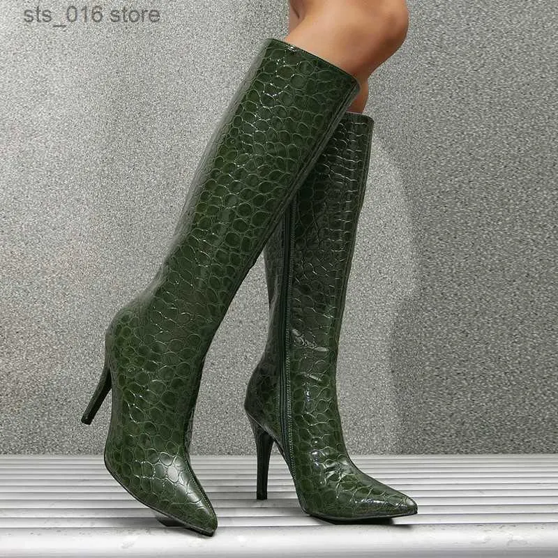 Botas xibeilove 2023 inverno sexy apontado verde cobra padrão botas de couro mulheres sobre o joelho sapatos de salto fino zíper legal cavaleiro botas t230824