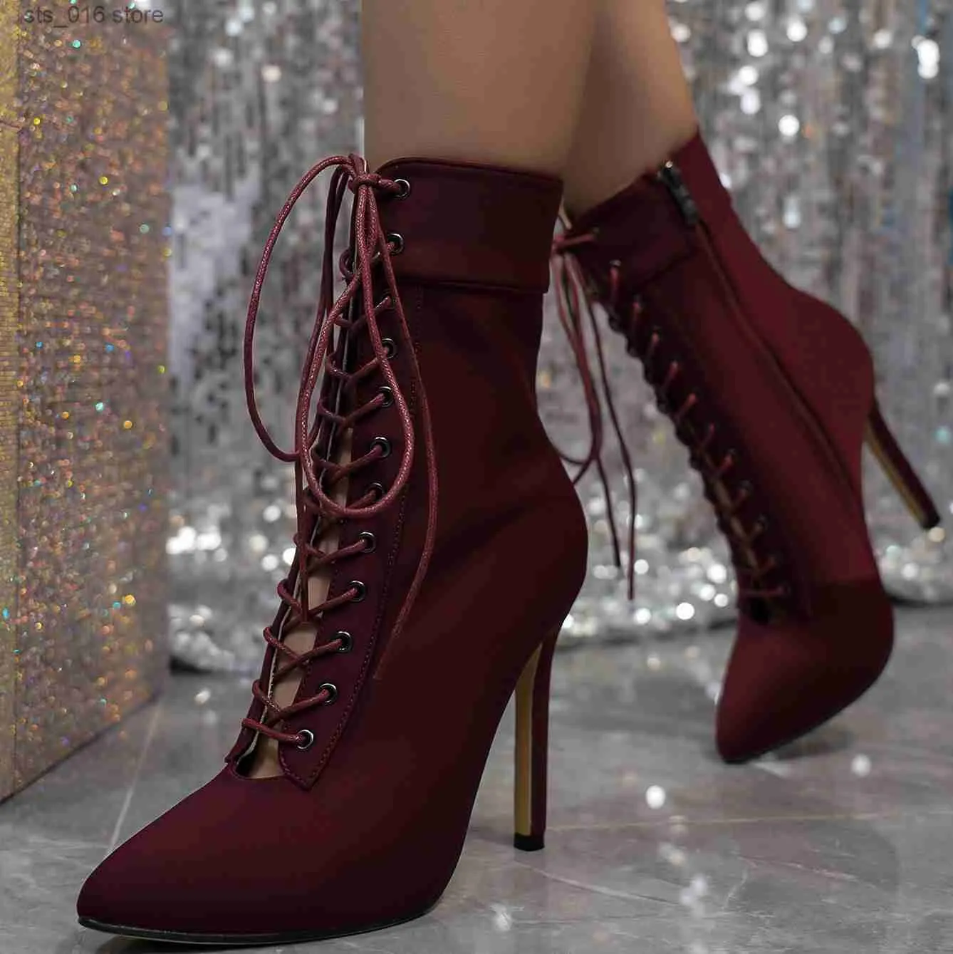 2024 Autumn Winter Women s Pointed Lace Up Zipper High Heel Short Boots