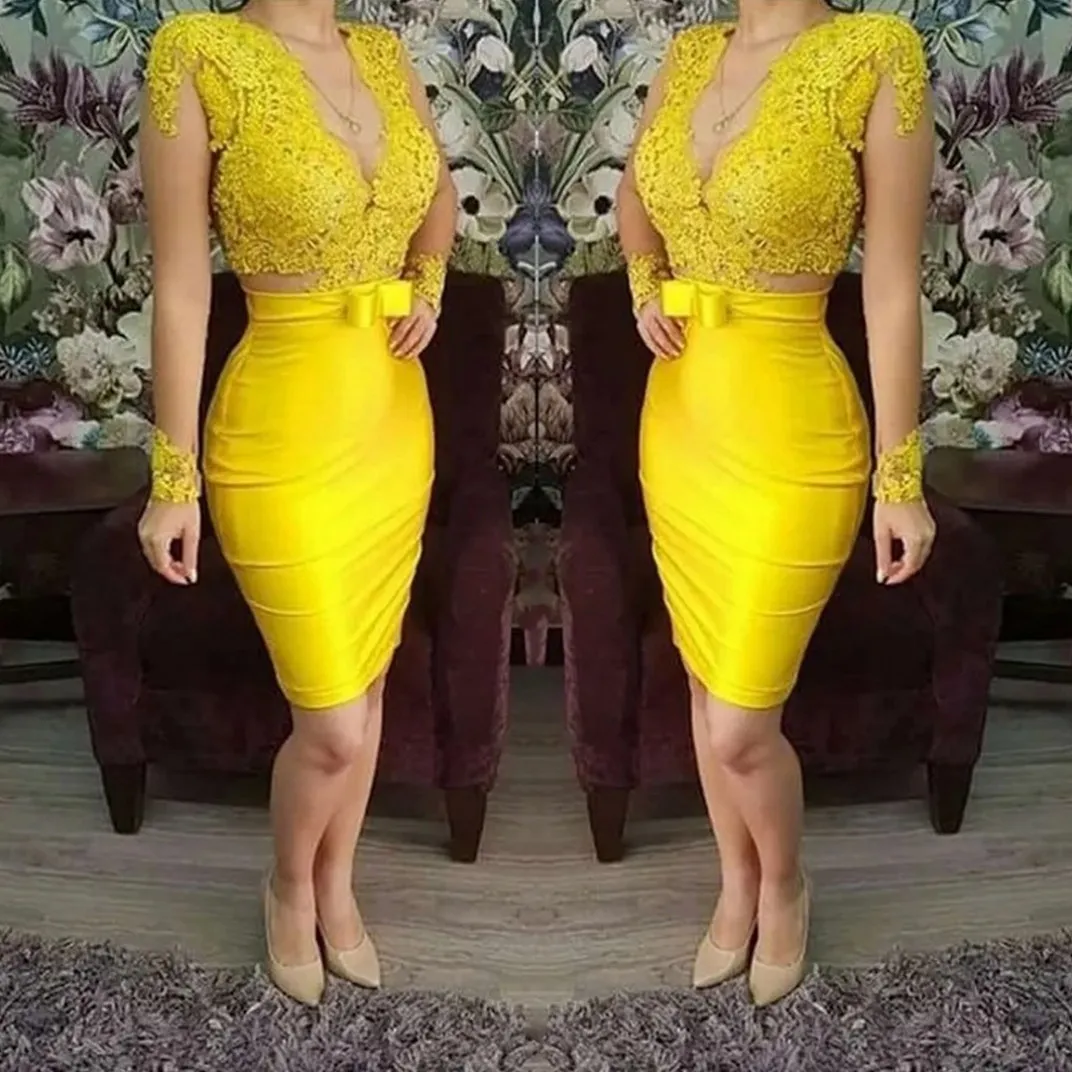 Robe De Cocktail jaune, col en V, manches longues, avec des Appliques en dentelle, gaine courte, Robe De soirée De bal