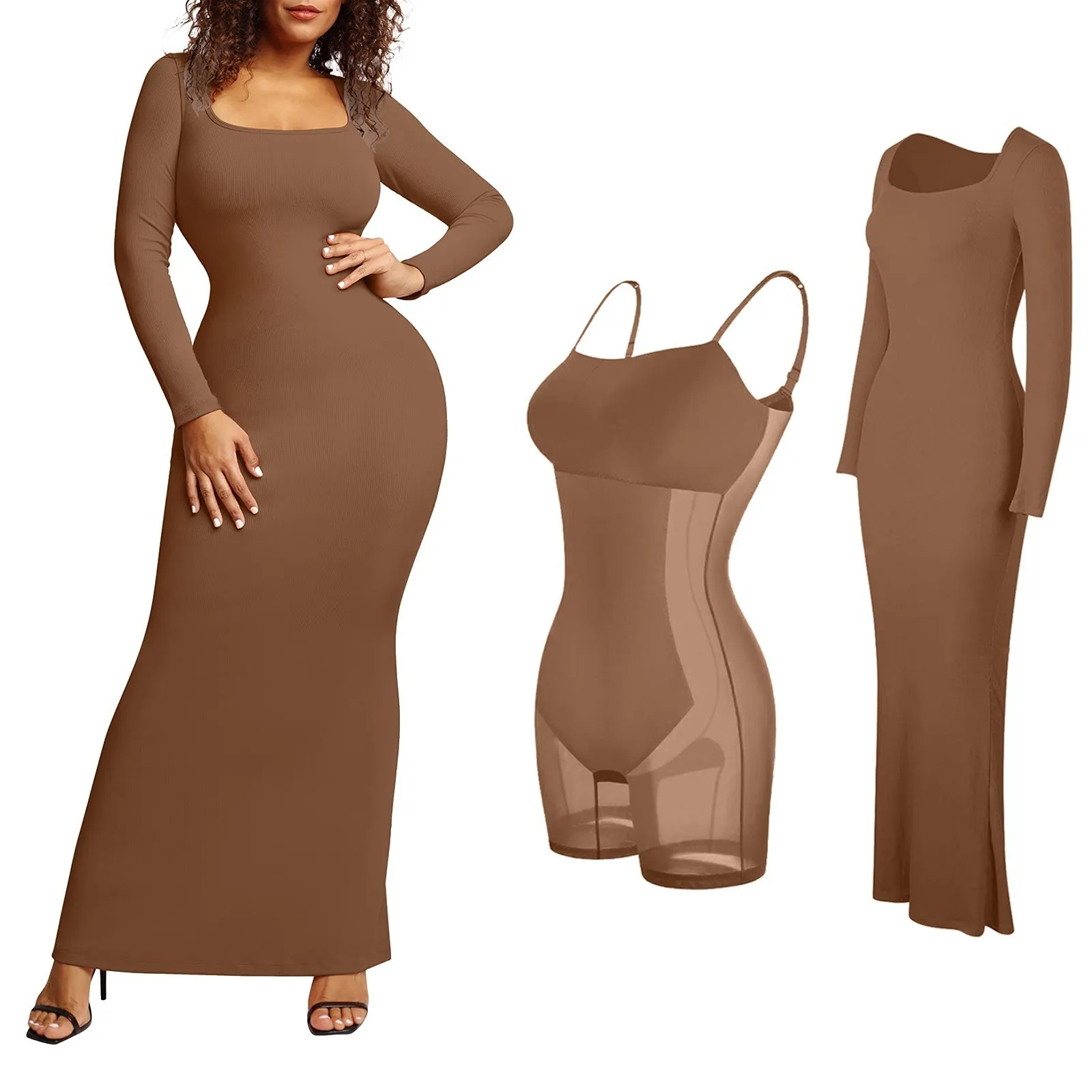 Womens Solid Color Body Shaping Maxi Dress With Built In Shaper
