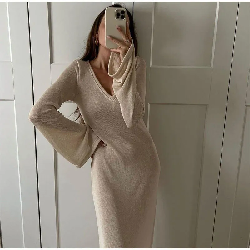 Elegant V-Neck Knitted v neck Long dress for Women - Basic Casual Autumn Fashion with Flare Long Sleeves, Slim Fit, and White Color - Perfect for