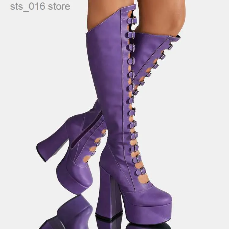 Purple Platform Knee High Boots Gothic Punk Buckle Block Heel Womens Cosplay Halloween Long Boots PU Leather 2024 From Sts 016 11.67 DHgate.Com