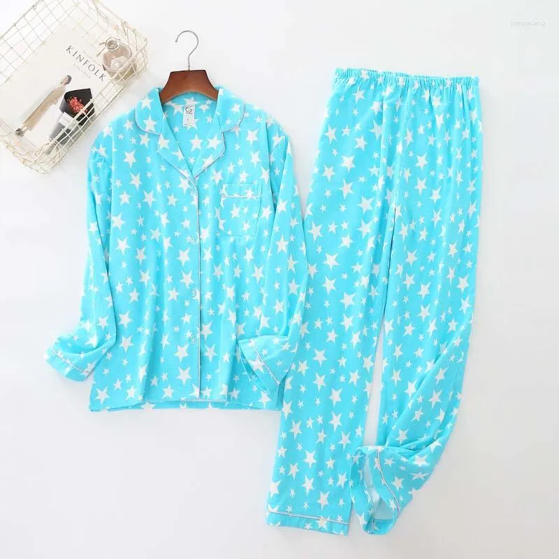 Женская одежда для сна осень и зимние дамы пижамы, набор небо голубая звезда печатная домашняя одежда с длинными рукавами комфорт хлопок повседневная одежда
