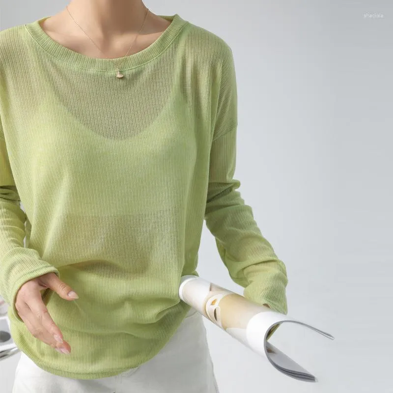 Koszulki damskie Koreańska moda instatyczna T-shirt z długim rękawem Kobiety luźne perspektywa cienki wiosenny jedwabny jedwabny krawat przeciwsłoneczny top okładki