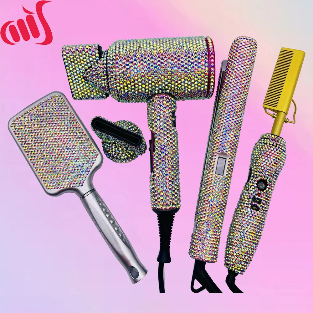 Hair Straighteners 4 Piece Tools Set Crystal Pressing Comb Blow Dryer Bling for Stylist 230825