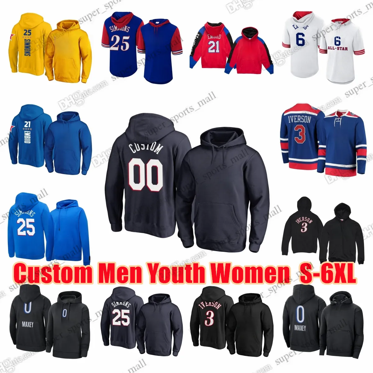 DIY Man S-6XL Nieuwe Hoodies Iverson Sweatshirt Basketbal Ben Simmons Julius Erving Harris Embiid Springer Vakantie Unisex Lover Katoen Fleece Casual Hoodie Pullovers