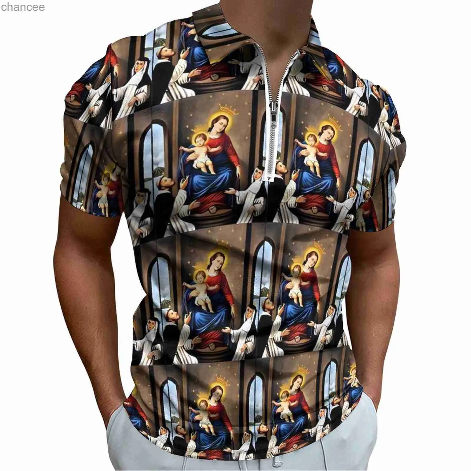 Virgin Mary Casual Polo Shirt Our Lady of The Rosary T-Shirts Men Short Sleeve Print Shirt Day Street Style Oversized Tops Gift HKD230825