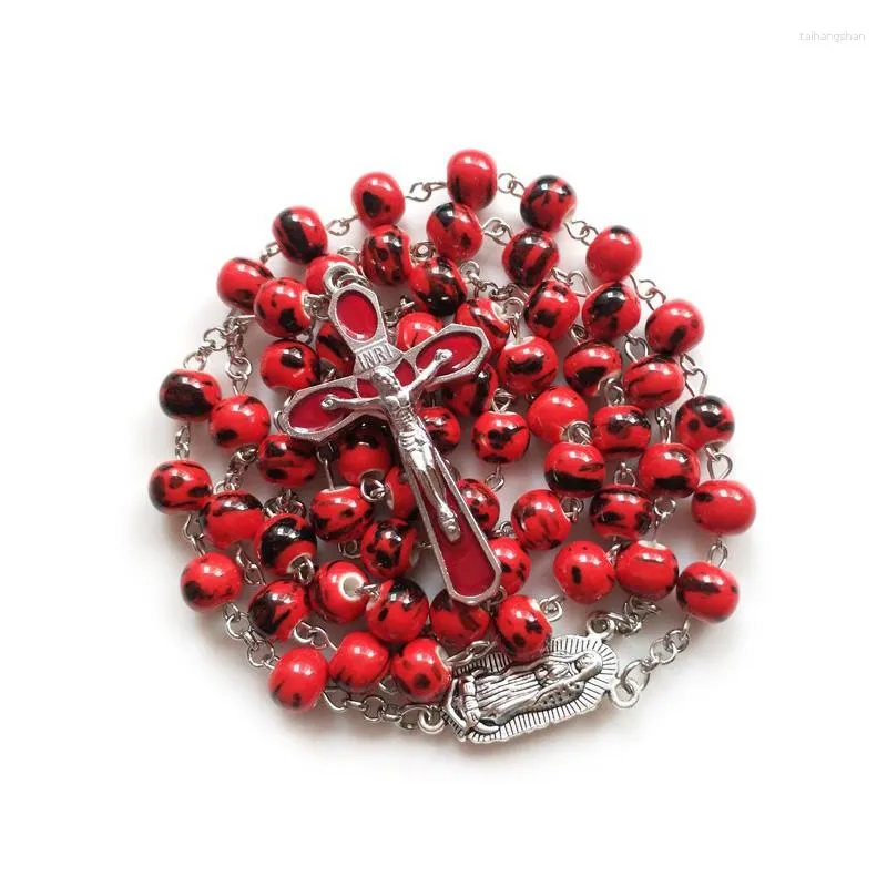 Pendentif Colliers Émail Croix Rosaire Perles De Verre Rouge Collier De Prière Pour Femmes Hommes Long Bijoux