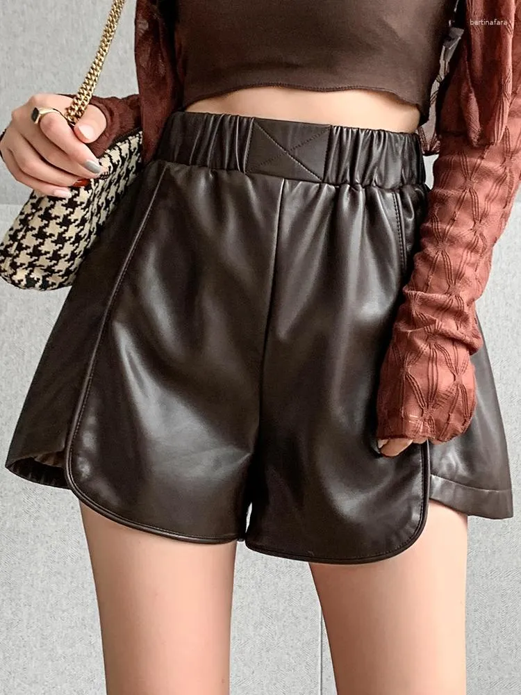 Women's Shorts QOERLIN Soft PU Elastic Waist Wide Leg Winter Autumn High Pants Pocket Faux Leather Y2K Streetwear