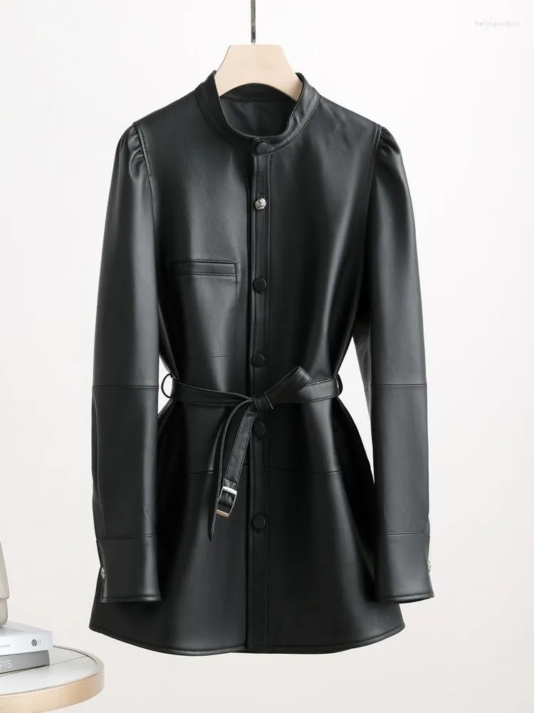 Manteau en cuir véritable pour femmes, chemise en peau de mouton, Style ceinture enveloppée à la taille, mi-longue, 2023