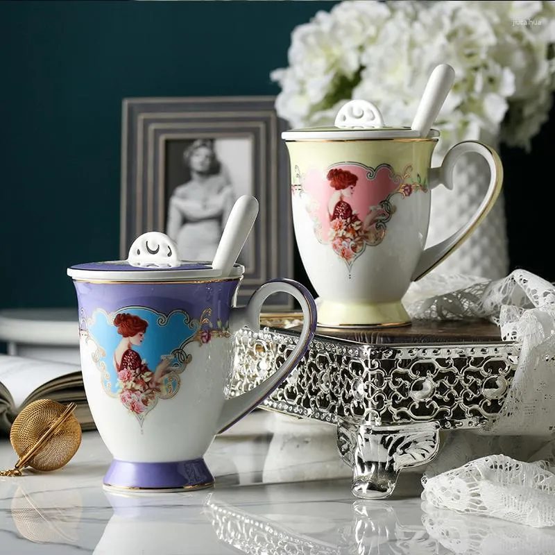 Tasses à thé en céramique européenne, tasses à eau créatives en porcelaine, tasse à café de bureau avec couvercle, cuillère, accessoires de cuisine, verres