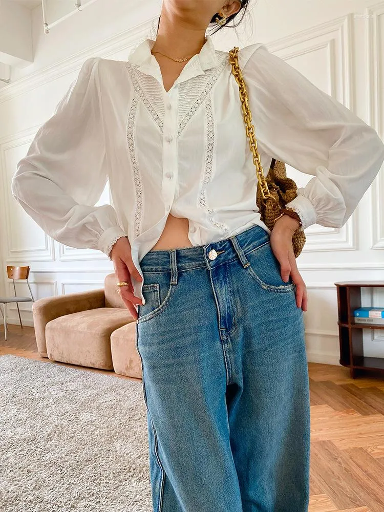 Blusas de mujer GypsyLady Elegante Camisa Francesa Chic Blusa Ray n Blanco Encaje Ahueca Hacia Fuera Manga Larga Mujer Oto o Primavera Oficina Causal