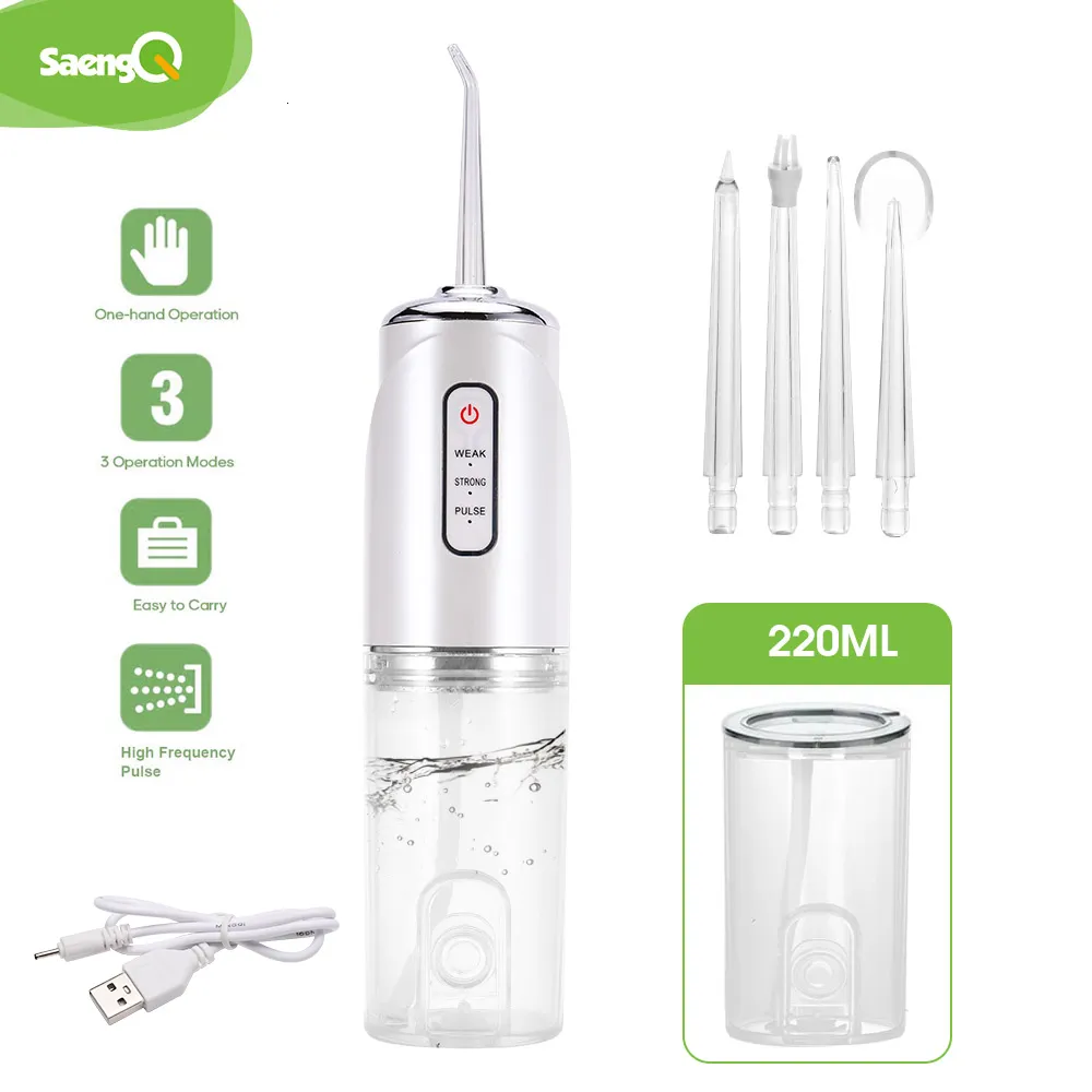 Outra Higiene Oral SaengQ Irrigador Portátil Recarregável Flosser Água Dental Tanque Dente Limpador Inteligente Soco USB 220ML 230824