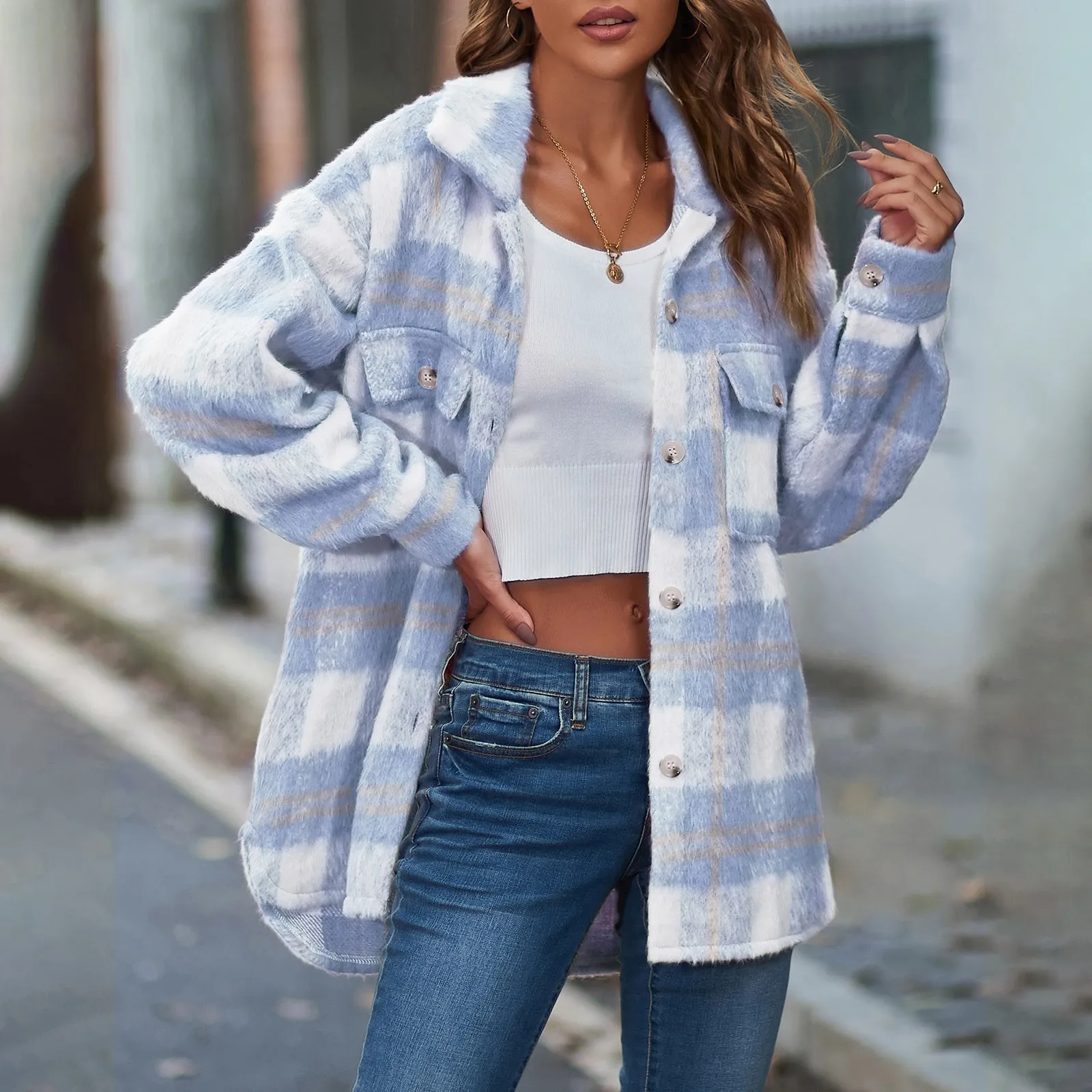 Womens Wool Blends Women s Casual Plaid Flannor Shacket Jacket Overdimensionerad Button Down Long Sleeve Fall Operation Jumper Patchwork Autumn Spring 230824