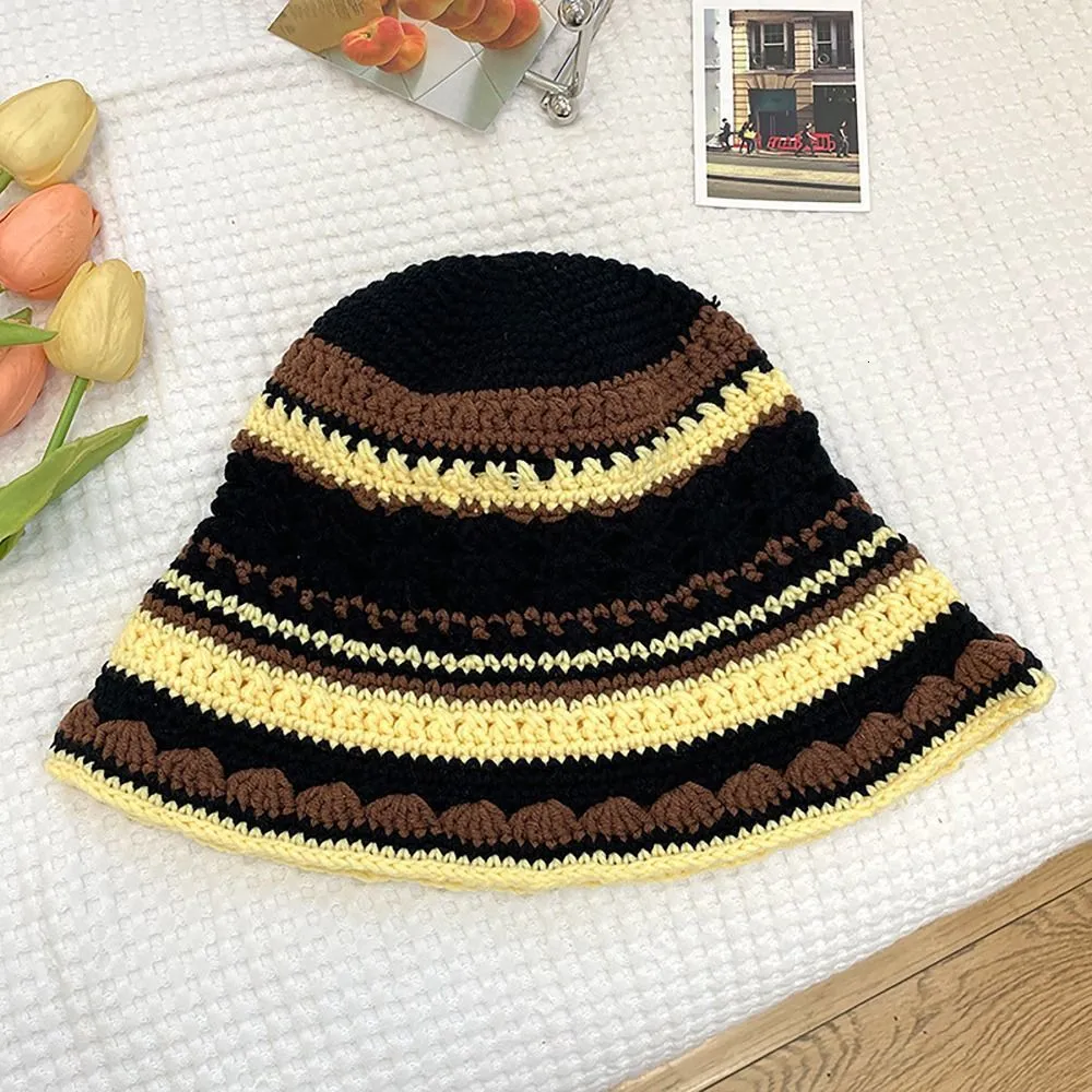 Wide Brim Hats Bucket Hats Short Brim Knitted Bucket Hat Casual Spell  Colour Round Top Hand Knitted Hat Acrylic Striped Fisherman Hat Women Girls  230824 From 8,02 €