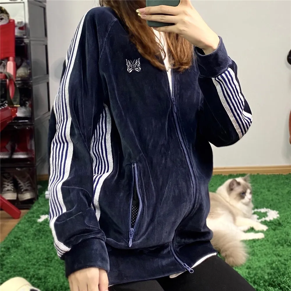 High Quality Dark Blue Velvet Track Jacket With Butterfly