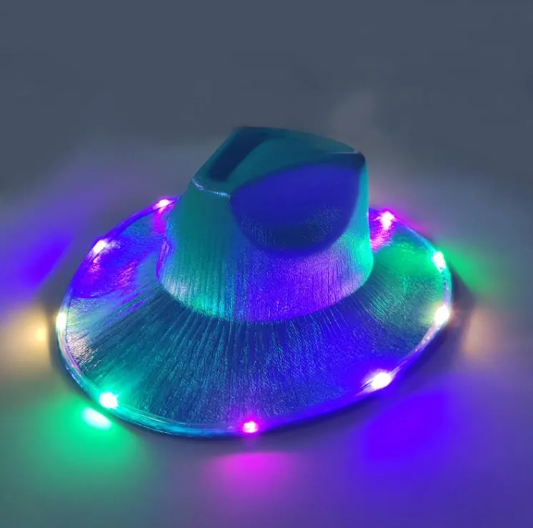 LED White Light Up Space  Hats Neon Cowgirl Hat Holographic Rave Fluorescent Hats With Adjustable Windproof Cord For Halloween Costume Accessories SN4456