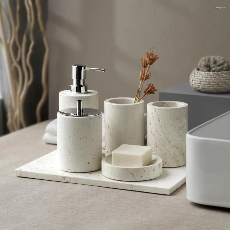 Set d'accessoires salle de bain en marbre beige