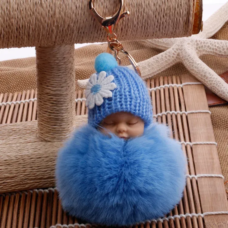 Cute Sleeping Baby Doll Keychain Pompom Helmet Rabbit Fur Ball Carabiner Key Chain Keyring Key Holder Bag Pendant key Ring Gift