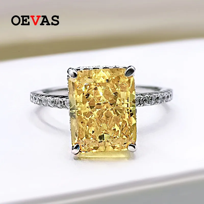 Anneaux de mariage OEVAS 100% 925 argent Sterling 8*10mm jaune rose aigue-marine diamant à haute teneur en carbone anneaux de coupe radiante pour les femmes fête bijoux fins 230824