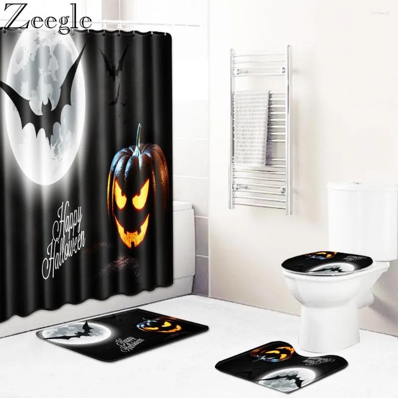 Maty do kąpieli 4PCS Halloweenowa kurtyna prysznic chłonny w łazience mata zmywalna toaleta przeciwpoślizgowa