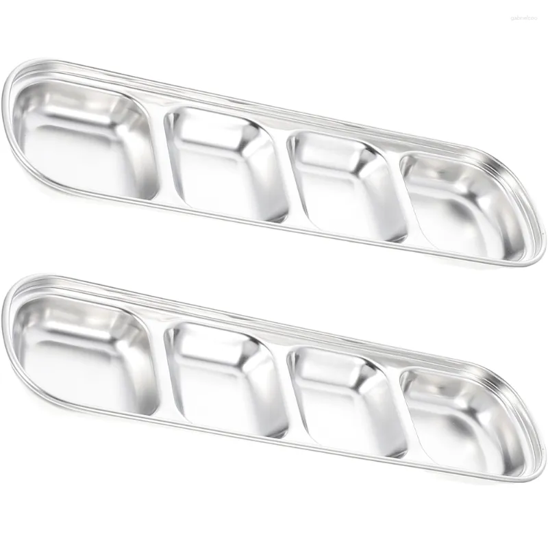 Pratos 2 Pcs Aço Inoxidável 4 Compartimentos Molho Prato Recipiente Lanche Placa Condimento Mergulhando