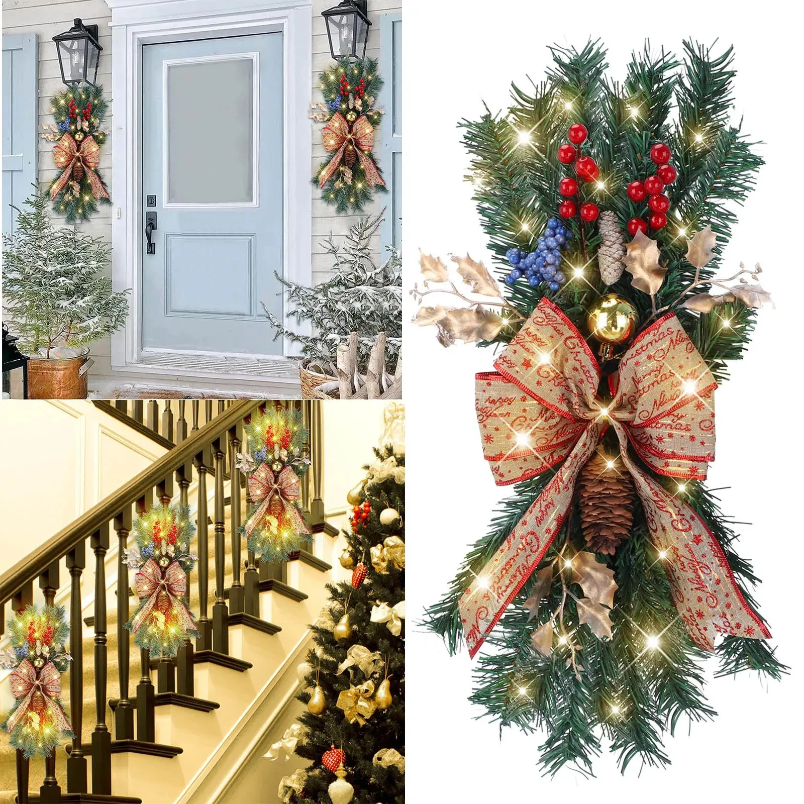 24" Prelit Christmas Teardrop Swag - Cordless Battery LED, Pine Cone & Berry Garland