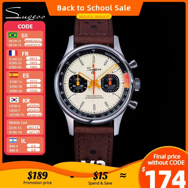 Zegarek zegarek Sugess Watch 1963 Chronograph Mechanical WristWatches Seagull ST19 Smbanneck Ruch Pilot Mens Watch Sapphire Crystal Gift V2 230824